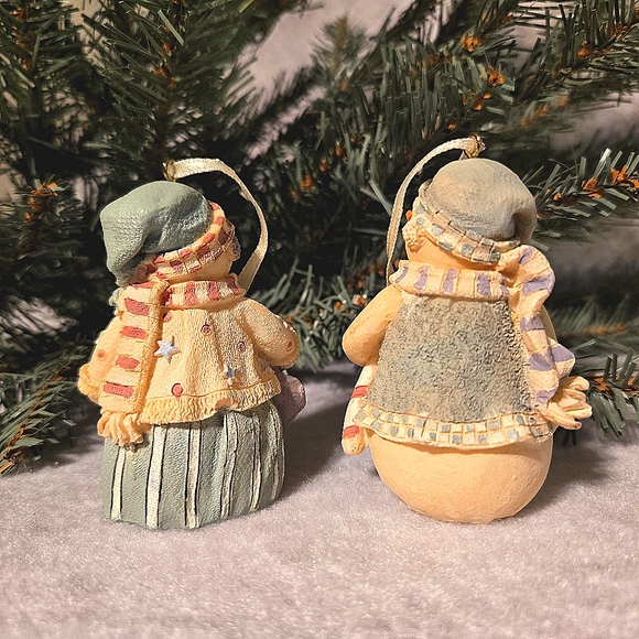 VTG Plum Pudding Snowman Pair Handpainted Resin Figurine Ornament Cottagecore - Picture 2 of 4